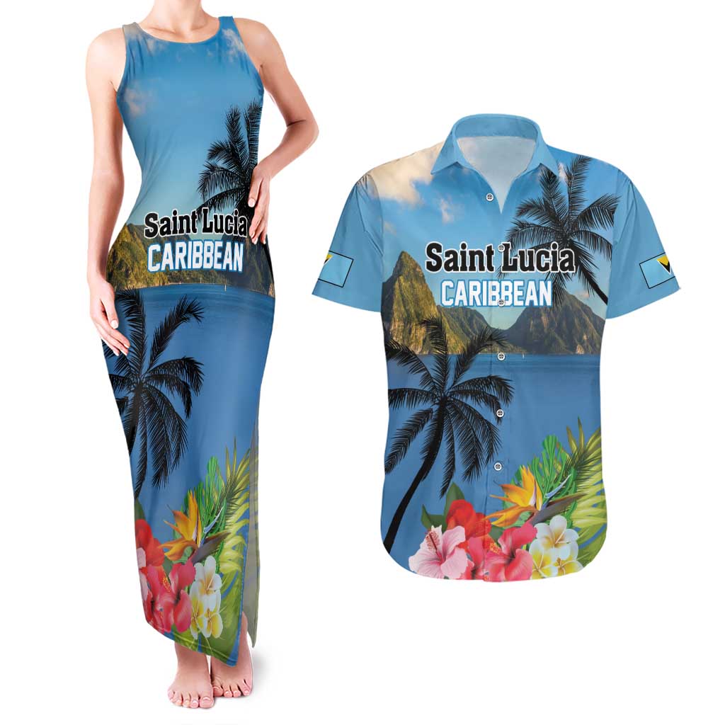 Saint Lucia Pitons Couples Matching Tank Maxi Dress and Hawaiian Shirt With Hibiscus Flowers - Wonder Print Shop