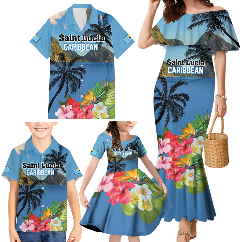 Saint Lucia Pitons Family Matching Mermaid Dress and Hawaiian Shirt With Hibiscus Flowers - Wonder Print Shop