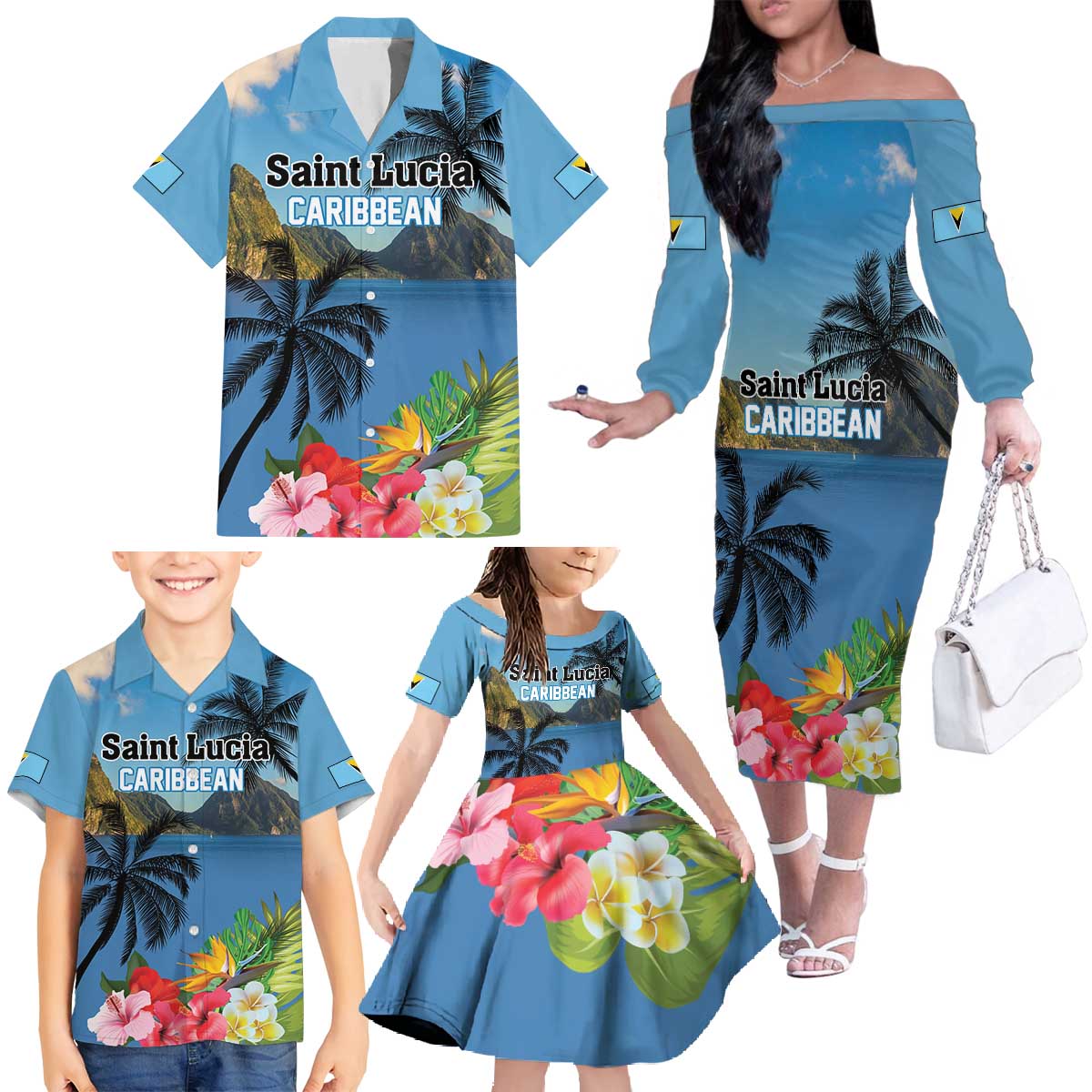 Saint Lucia Pitons Family Matching Off The Shoulder Long Sleeve Dress and Hawaiian Shirt With Hibiscus Flowers - Wonder Print Shop