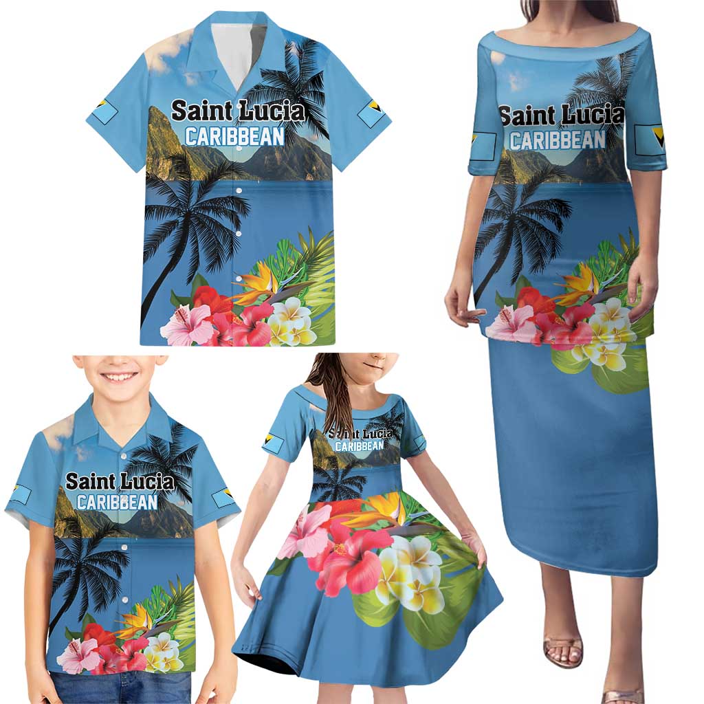 Saint Lucia Pitons Family Matching Puletasi and Hawaiian Shirt With Hibiscus Flowers - Wonder Print Shop