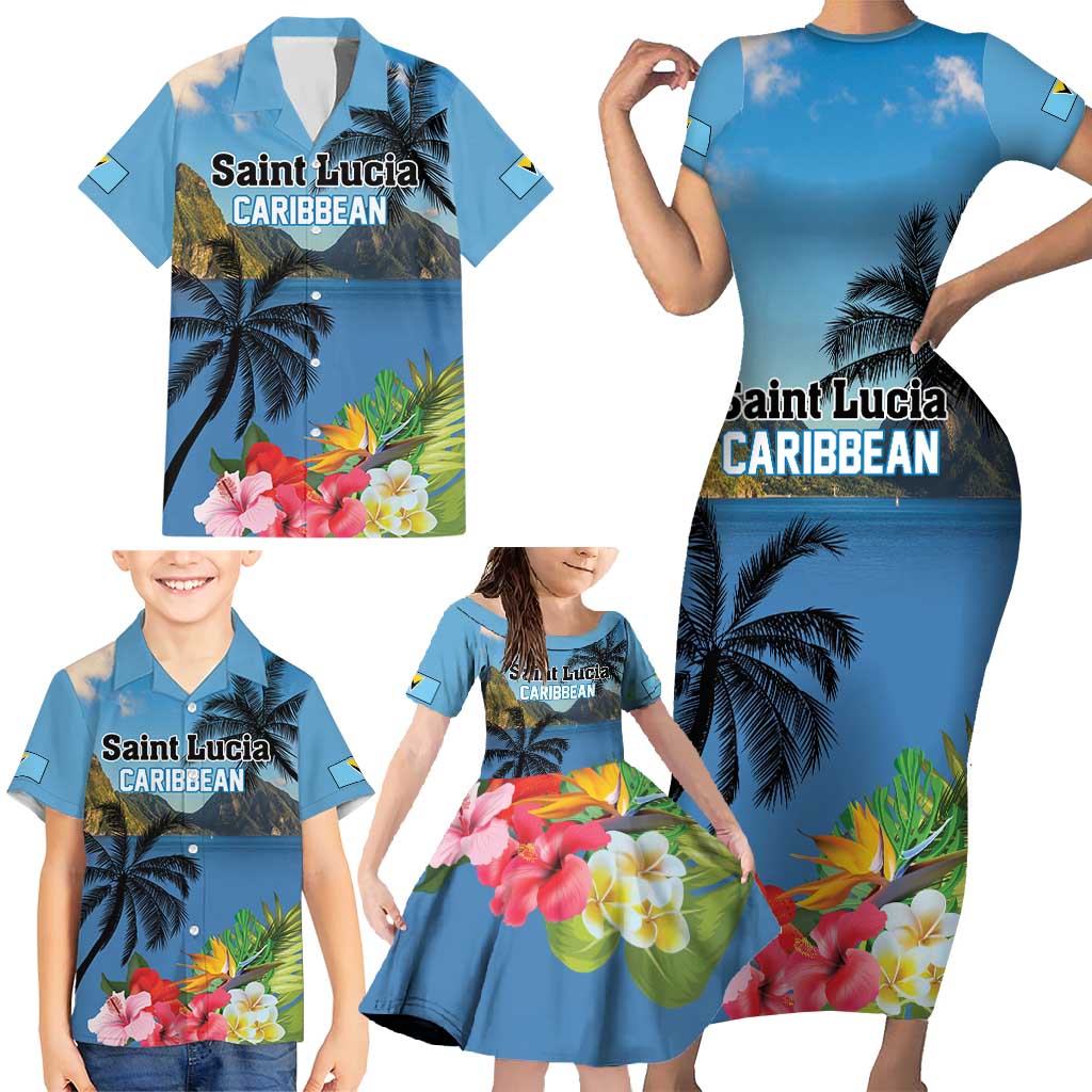 Saint Lucia Pitons Family Matching Short Sleeve Bodycon Dress and Hawaiian Shirt With Hibiscus Flowers - Wonder Print Shop