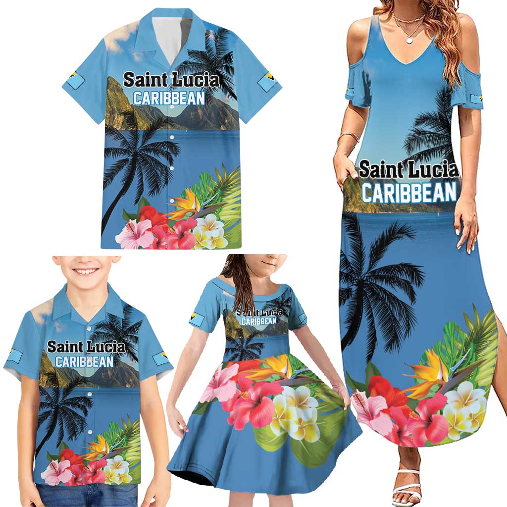 Saint Lucia Pitons Family Matching Summer Maxi Dress and Hawaiian Shirt With Hibiscus Flowers - Wonder Print Shop