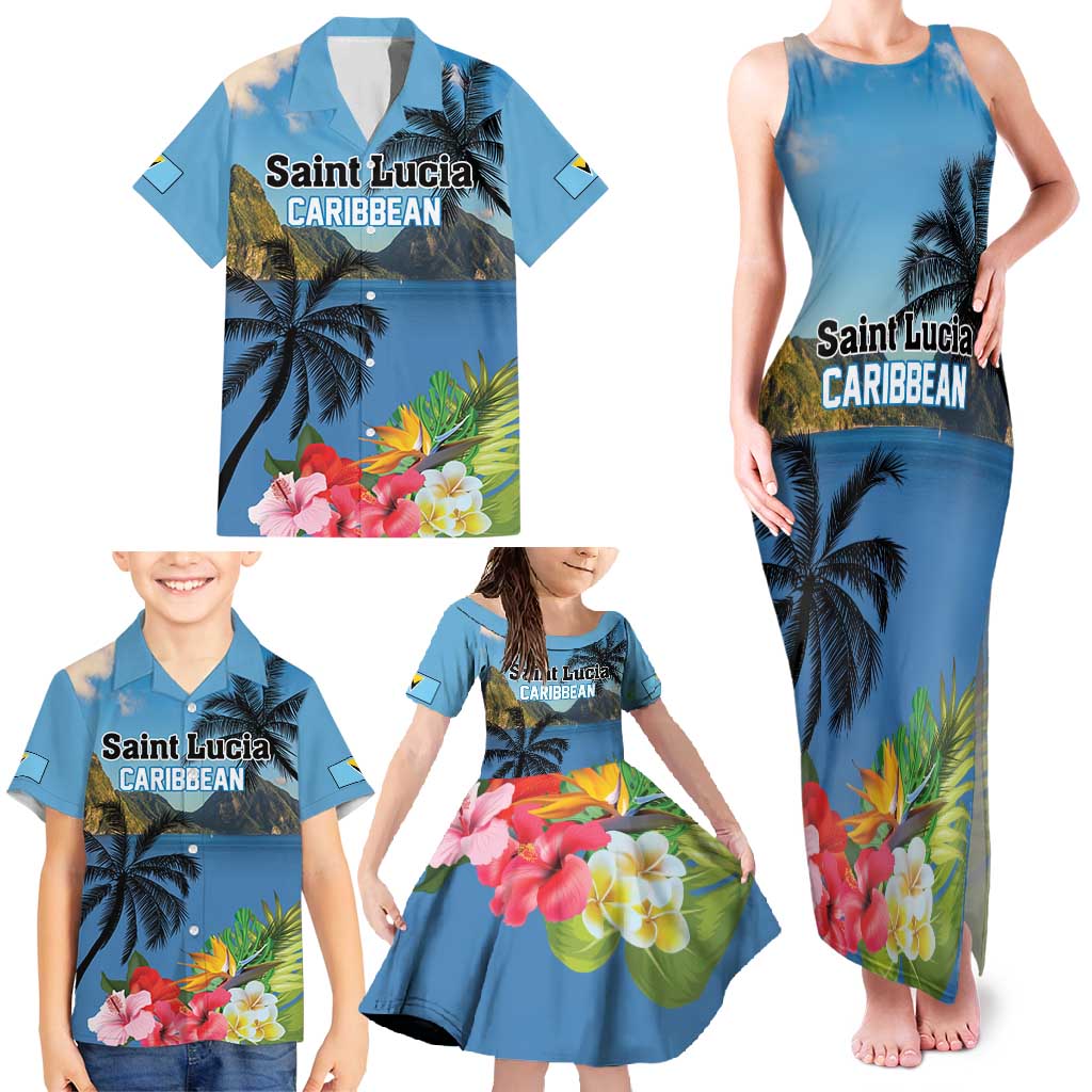 Saint Lucia Pitons Family Matching Tank Maxi Dress and Hawaiian Shirt With Hibiscus Flowers - Wonder Print Shop