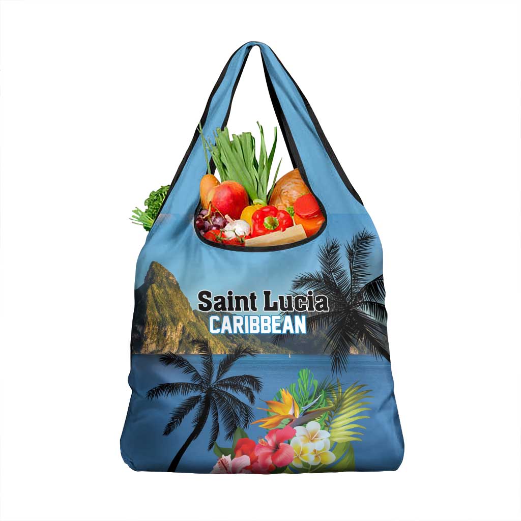 Saint Lucia Pitons Grocery Bag With Hibiscus Flowers