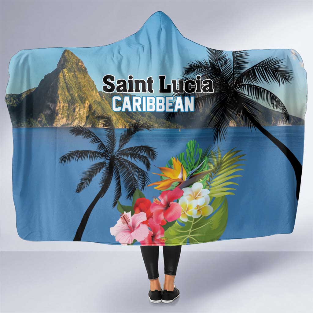 Saint Lucia Pitons Hooded Blanket With Hibiscus Flowers