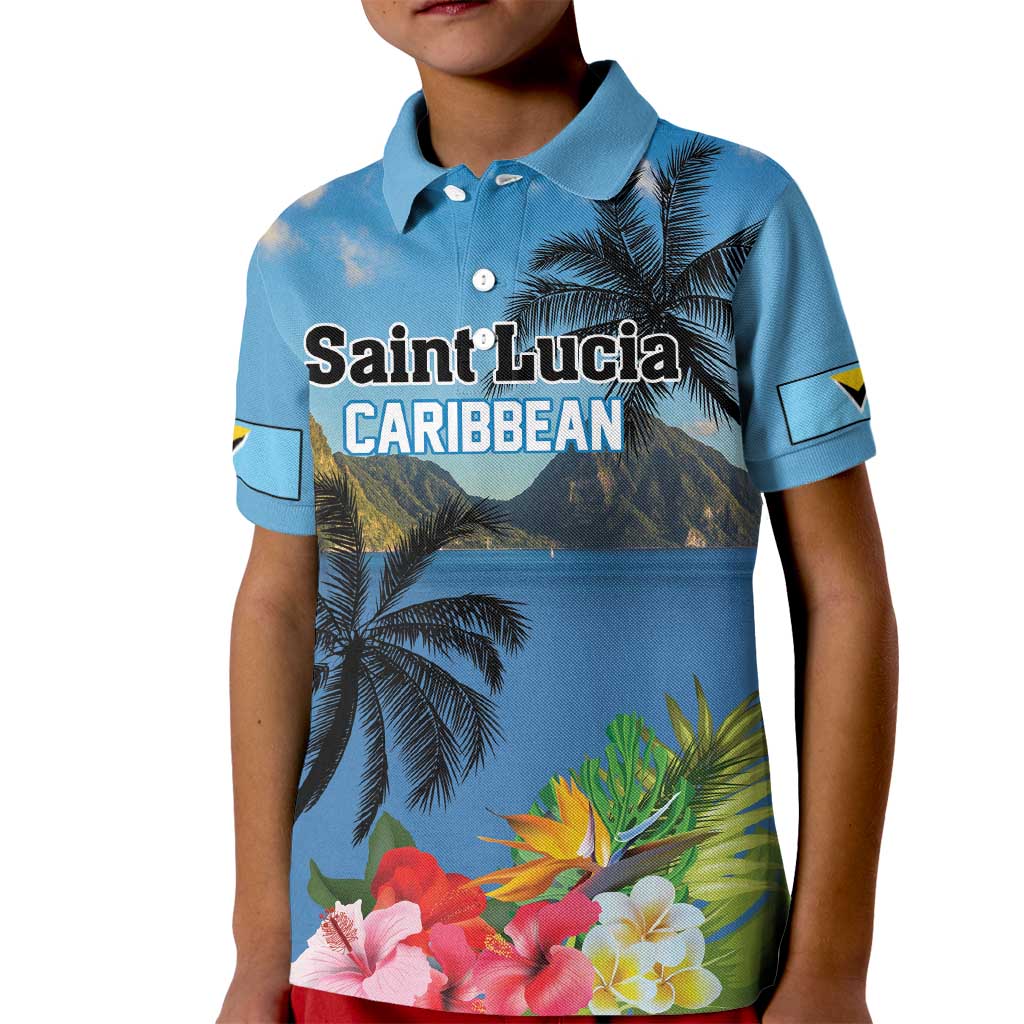 Saint Lucia Pitons Kid Polo Shirt With Hibiscus Flowers - Wonder Print Shop