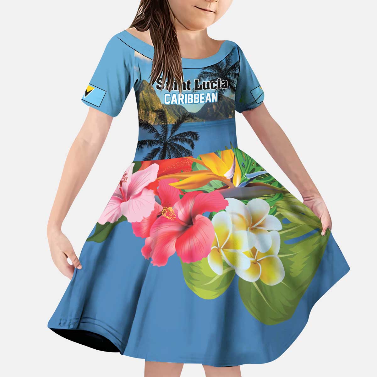 Saint Lucia Pitons Kid Short Sleeve Dress With Hibiscus Flowers - Wonder Print Shop