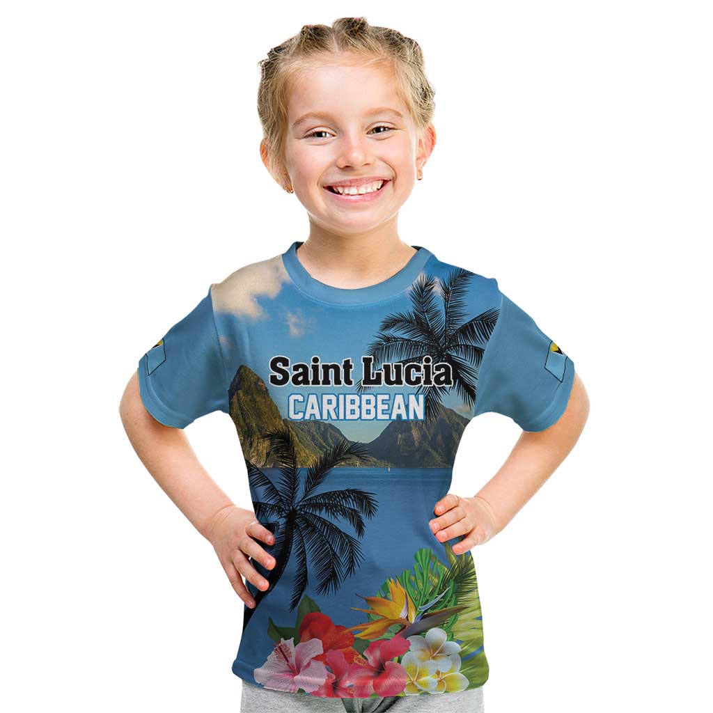 Saint Lucia Pitons Kid T Shirt With Hibiscus Flowers - Wonder Print Shop