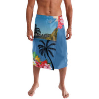 Blue lavalava skirt with large palm-and-hibiscus print panel and 'Saint Lucia' text