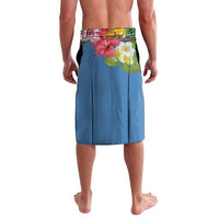 Blue lavalava wrap skirt with multicolor hibiscus and floral panel at the waist