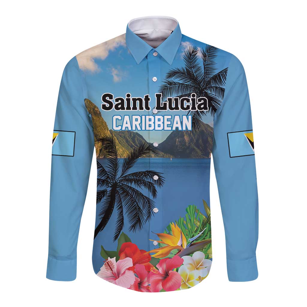 Blue long-sleeve button-up shirt with tropical hibiscus and palm print, spread collar