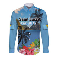 Blue long-sleeve button-up shirt with tropical hibiscus and palm print, spread collar