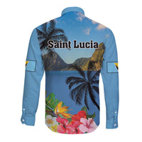 Blue long-sleeve button-up shirt with tropical palm and flower print, back view