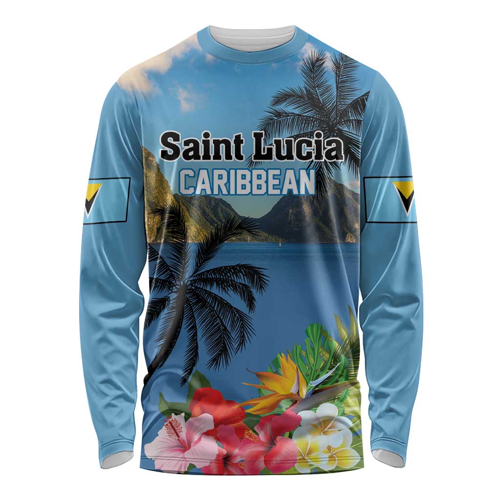 Blue long-sleeve shirt with tropical palm tree and hibiscus flower print, crew neck