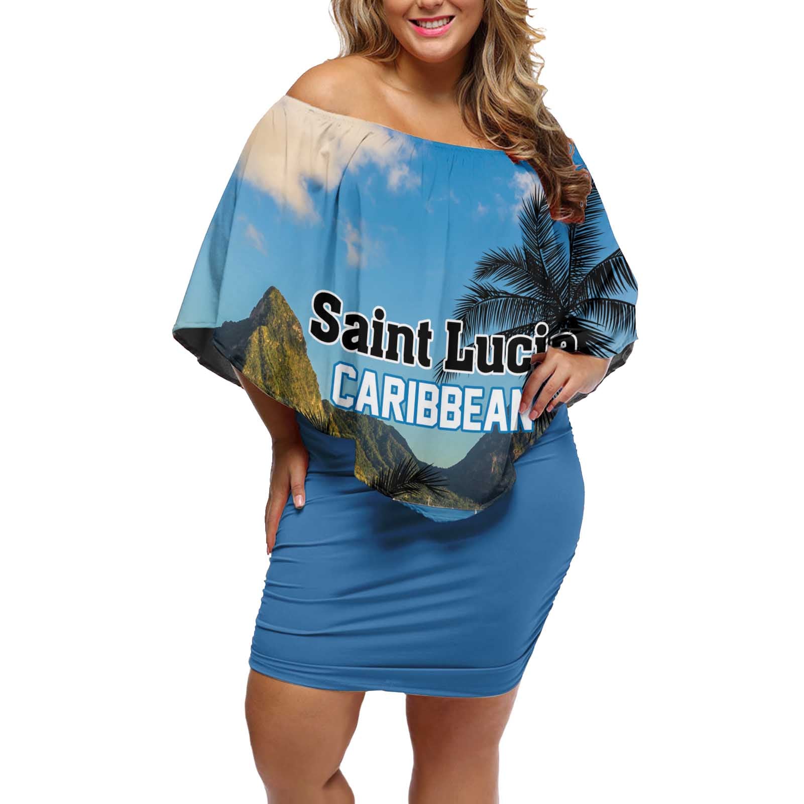 Saint Lucia Pitons Off Shoulder Short Dress With Hibiscus Flowers - Wonder Print Shop