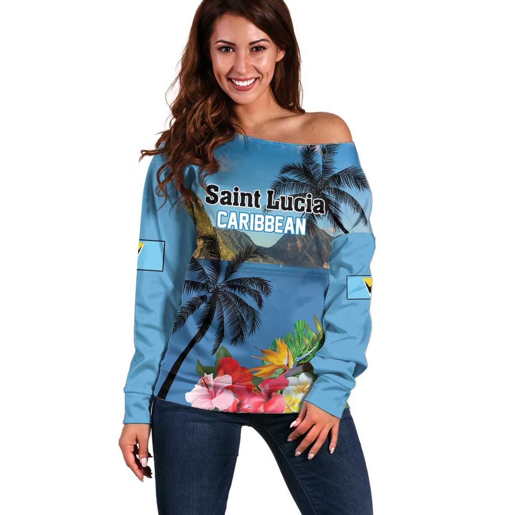 Saint Lucia Pitons Off Shoulder Sweater With Hibiscus Flowers - Wonder Print Shop