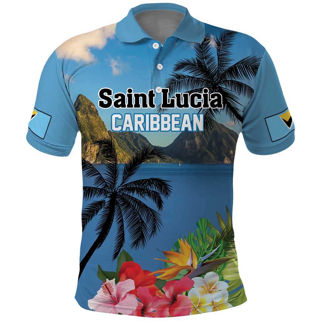 Saint Lucia Pitons Polo Shirt With Hibiscus Flowers - Wonder Print Shop