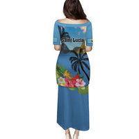 Blue long dress, scoop back, hibiscus and palm tree print