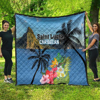 Blue tropical quilt with palm trees, colorful hibiscus flowers, and 'Saint Lucia Caribbean'