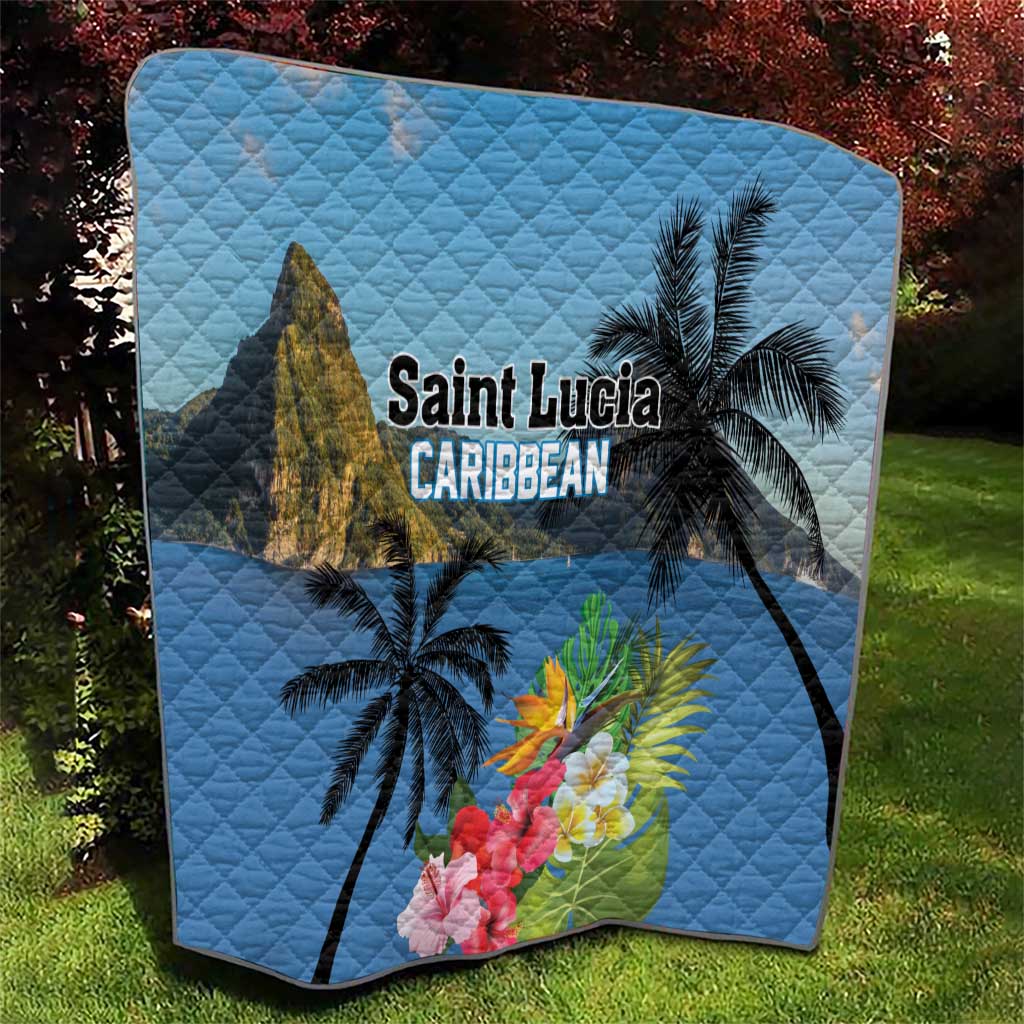 Blue quilt with mountain peak, palm silhouettes, hibiscus flowers, and 'Saint Lucia Caribbean' text