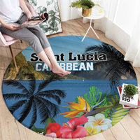Round blue tropical area rug with hibiscus flowers and palm leaves, island scene and bold lettering