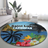 Round blue tropical round rug with hibiscus flowers, palm leaves, and island shoreline design