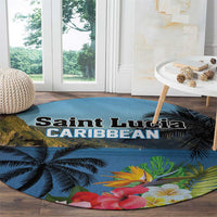 Round blue tropical round rug with hibiscus flowers and palm leaves, 'Saint Lucia Caribbean' lettering