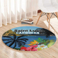 Round blue tropical area rug with hibiscus flowers and palm leaves, 'Saint Lucia Caribbean' text