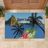 Blue rubber doormat with Caribbean graphics, palm trees, and hibiscus-style flowers
