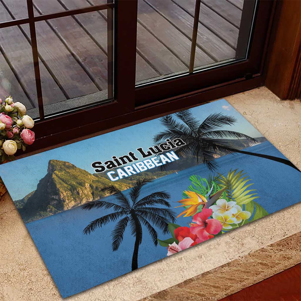 Blue rubber doormat with Saint Lucia Caribbean text, palms, and hibiscus flowers