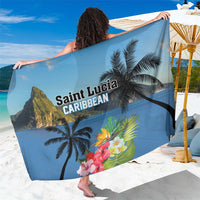 Blue Saint Lucia Caribbean sarong with hibiscus flowers and palm leaves, beach wrap