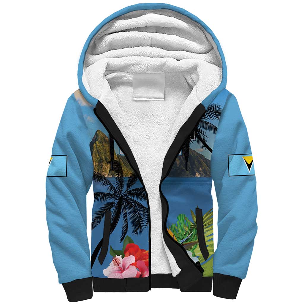 Saint Lucia Pitons Sherpa Hoodie With Hibiscus Flowers - Wonder Print Shop