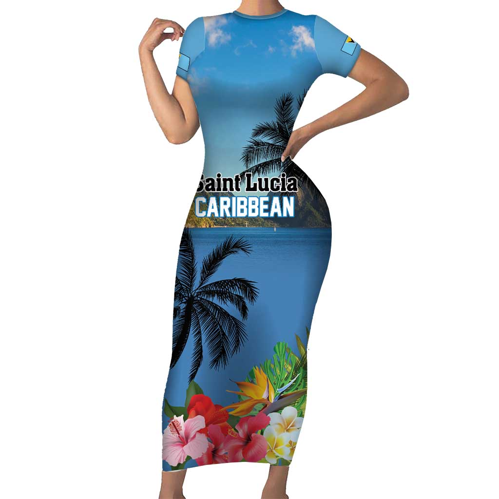 Saint Lucia Pitons Short Sleeve Bodycon Dress With Hibiscus Flowers - Wonder Print Shop