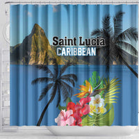 Blue tropical shower curtain with palms, colorful flowers, and central 'Saint Lucia Caribbean' print