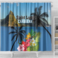Blue tropical shower curtain panel with palm silhouettes and vibrant hibiscus blossoms