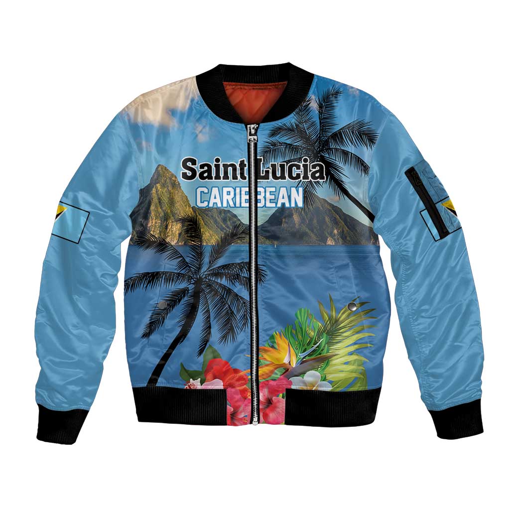 Saint Lucia Pitons Sleeve Zip Bomber Jacket With Hibiscus Flowers - Wonder Print Shop