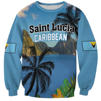 Blue sweatshirt with tropical landscape graphic and Saint Lucia text, long sleeves