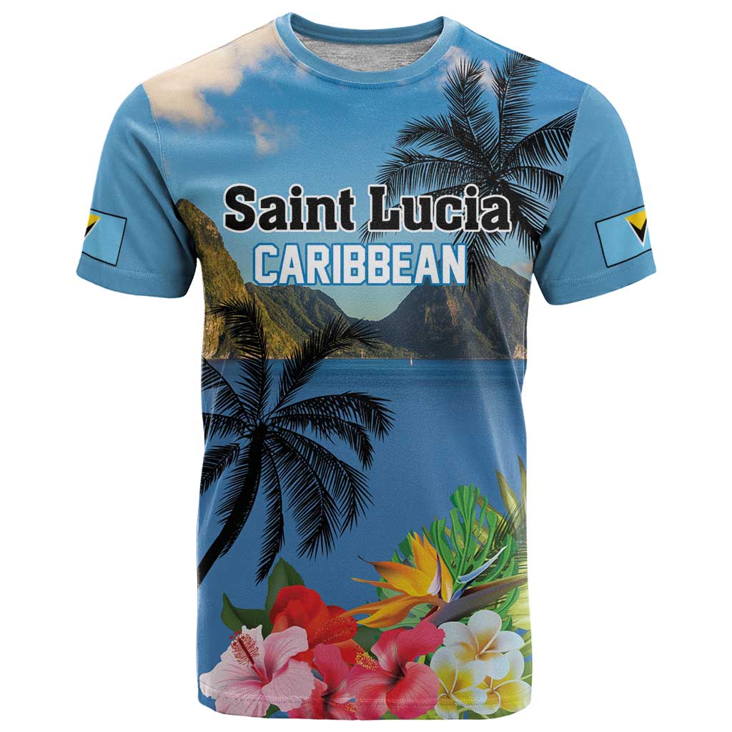 Saint Lucia Pitons T Shirt With Hibiscus Flowers - Wonder Print Shop