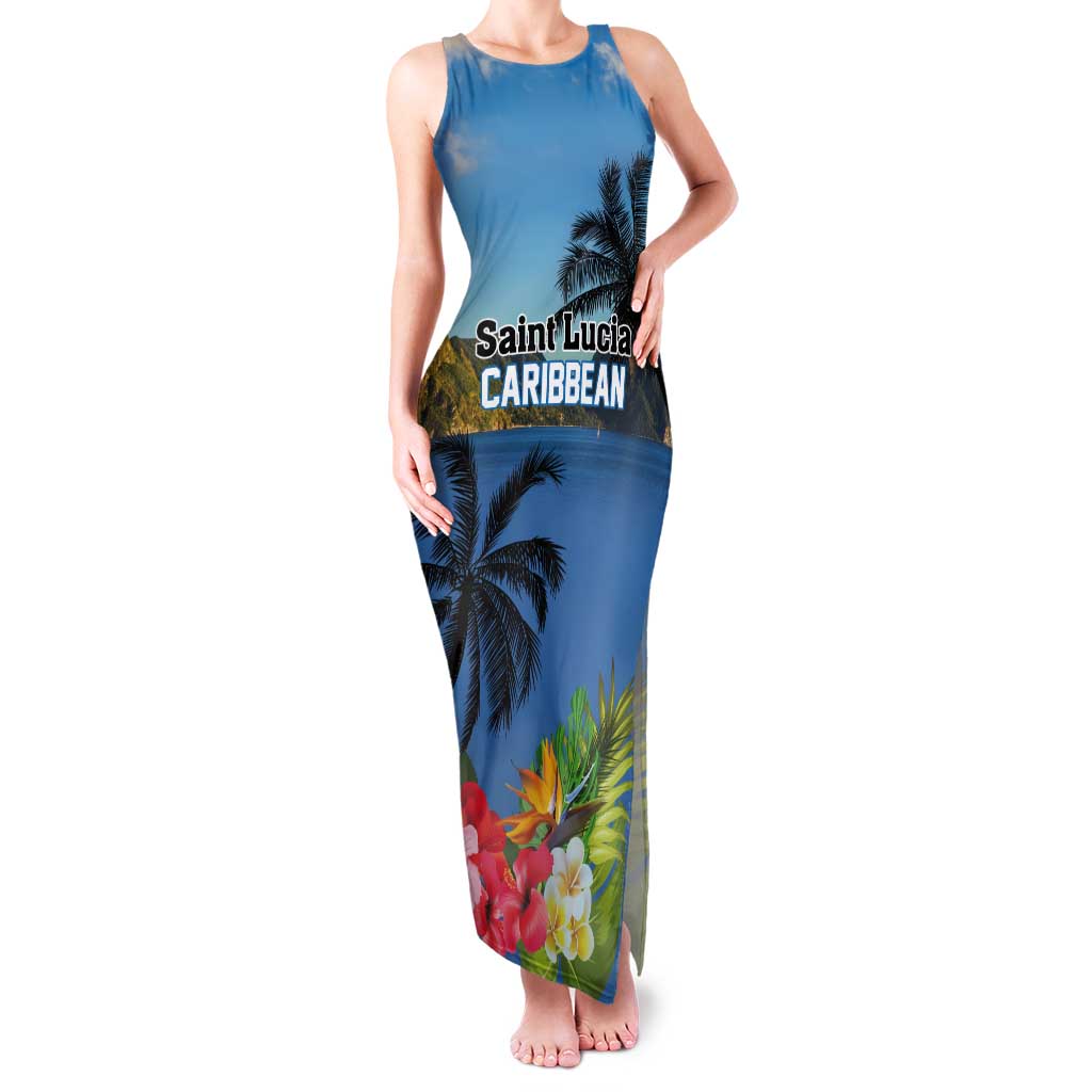 Saint Lucia Pitons Tank Maxi Dress With Hibiscus Flowers - Wonder Print Shop