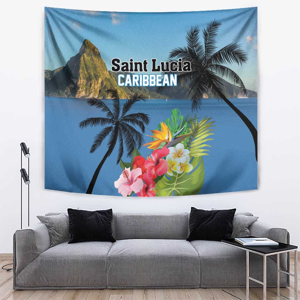 Saint Lucia tapestry with Pitons, palm trees, and hibiscus flowers