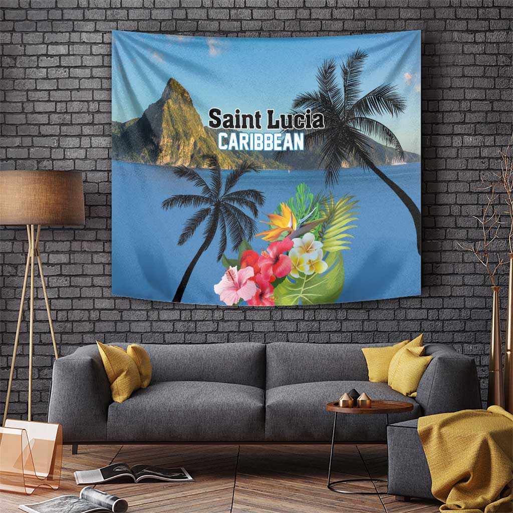 Blue hanging tapestry with palm trees, rocky island peak, and hibiscus flowers