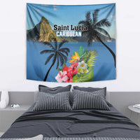 Blue hanging tapestry with palm trees, tropical leaves, and hibiscus bouquet flowers