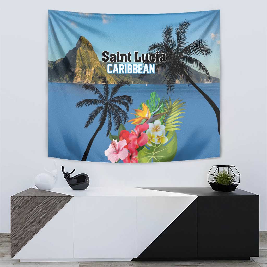 Blue Saint Lucia Caribbean tapestry with palm trees and hibiscus flowers, centered print