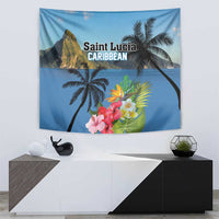 Blue Saint Lucia Caribbean tapestry with palm trees and hibiscus flowers, centered print