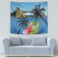 Blue hanging tapestry with palm trees and hibiscus flowers, printed tropical scene
