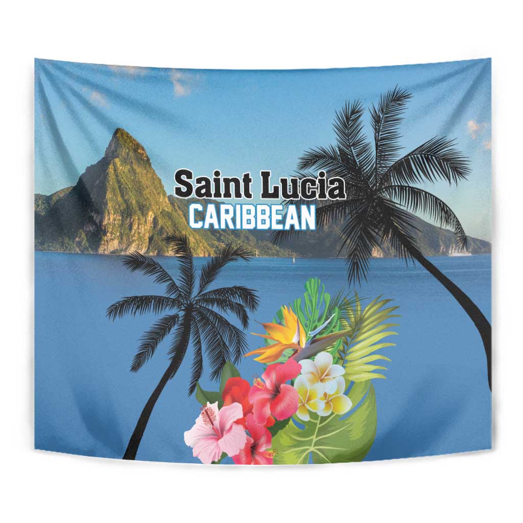 Blue tapestry with palm trees, island peak, and hibiscus flowers, close view