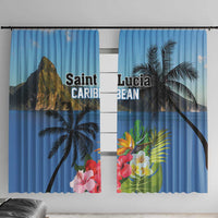 Blue window curtain pair with tropical palm trees and hibiscus floral print