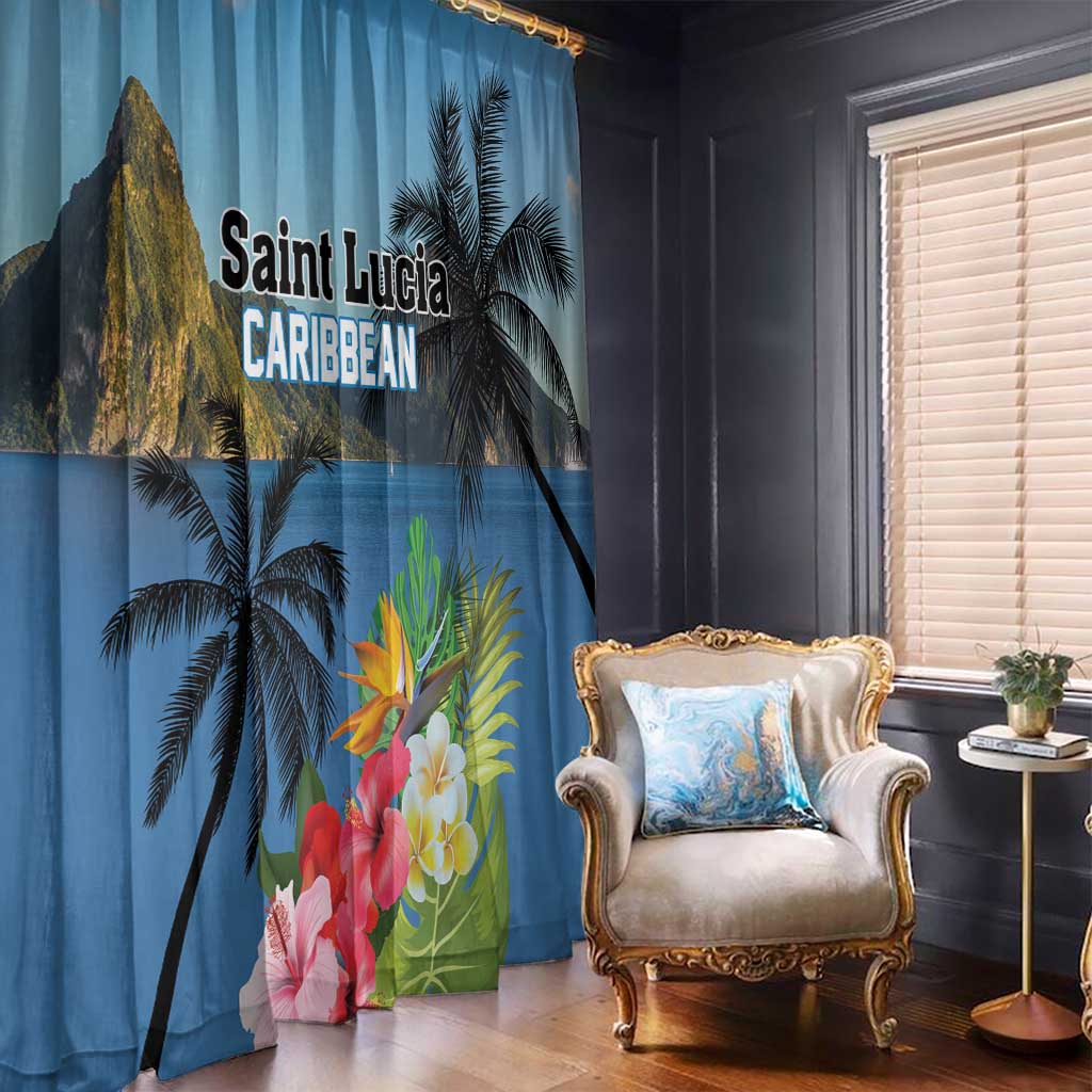 Blue tropical window curtain with palm trees and colorful hibiscus flowers