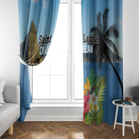 Blue window curtains with palm tree artwork and hibiscus flower accents