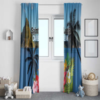 Blue curtain pair for windows with mountain, palm trees, and hibiscus florals